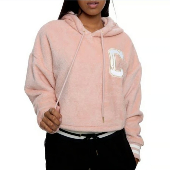 Champion Plush Fleece Hoodie Cropped M Blush Crop Top - Picture 6 of 8